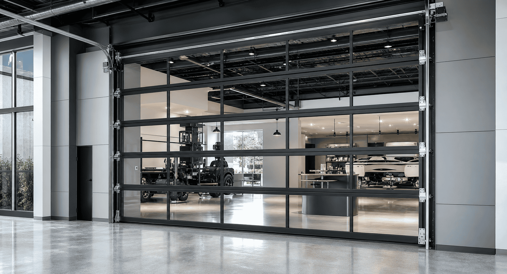 transparent aluminum sectional door bringing natural light into workshop