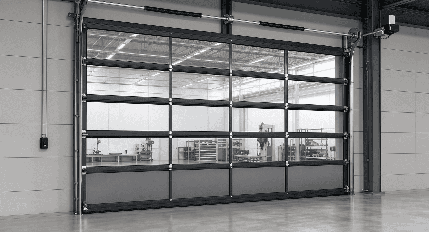 custom full vision aluminum sectional door with black frame and transparent panels