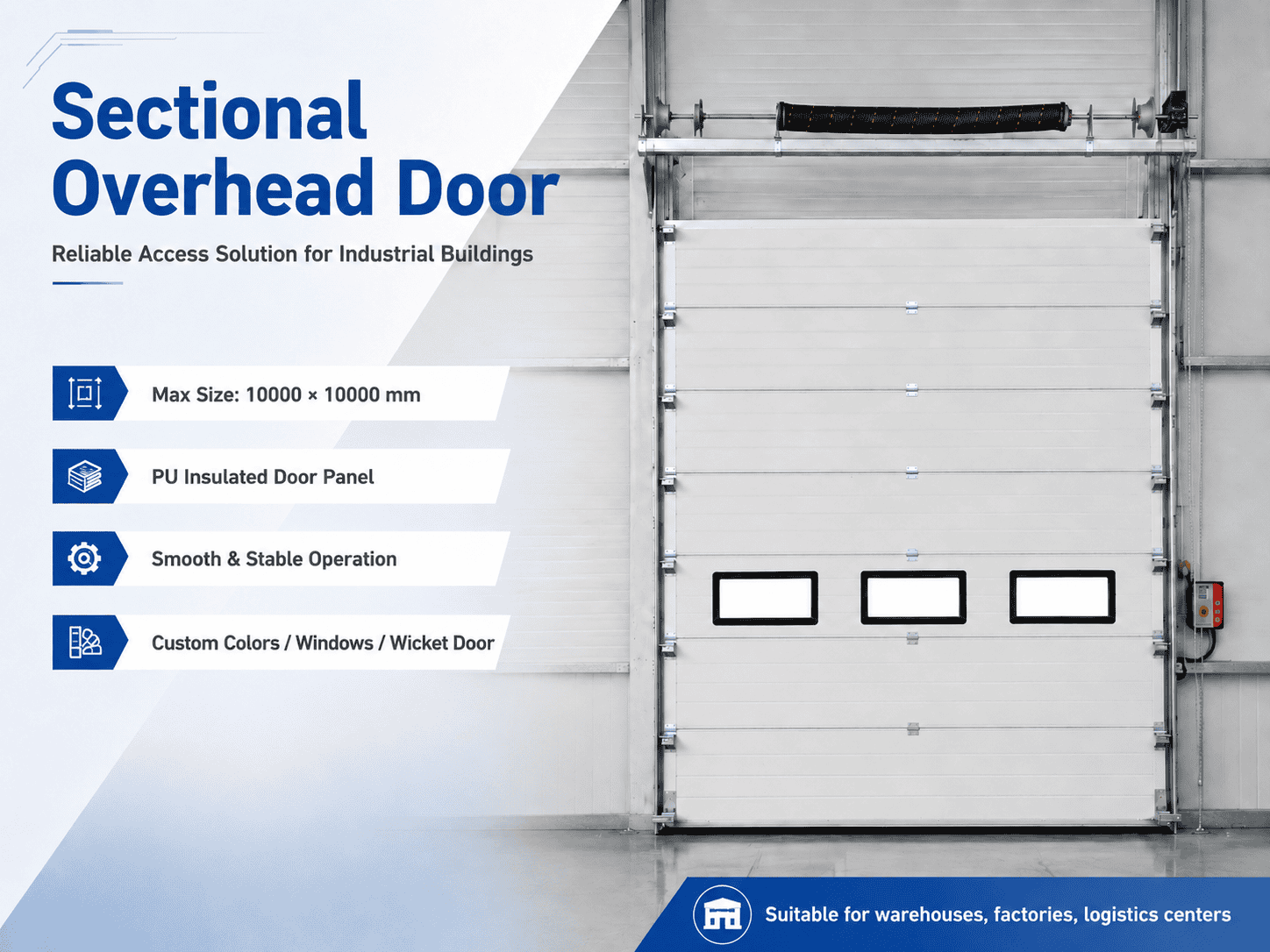 industrial sectional door installed at factory entrance