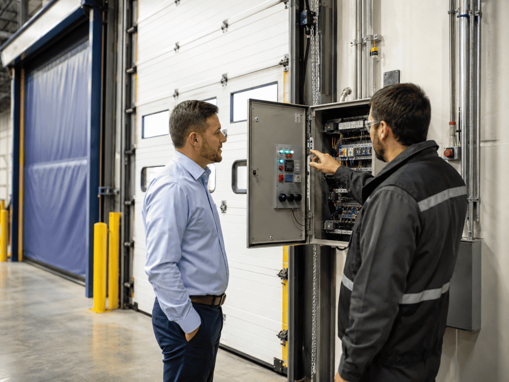 Engineer checking an industrial door controls panel with a facility buyer