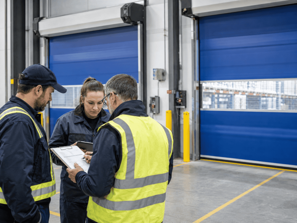 Facility team reviewing maintenance records for high speed industrial doors