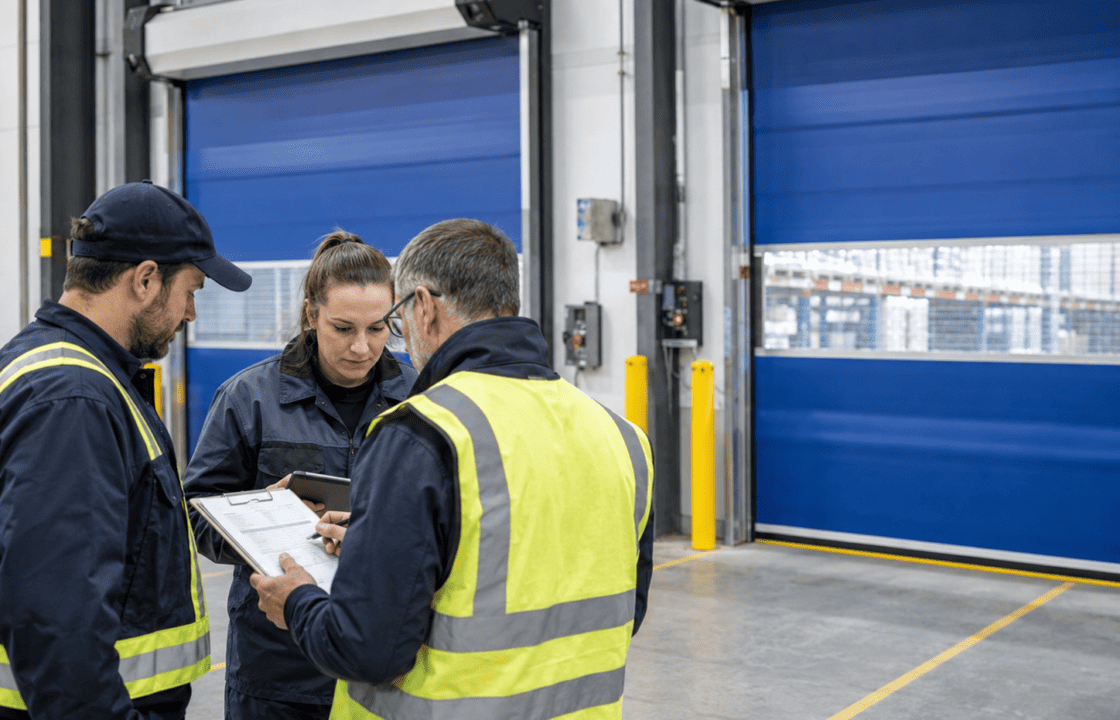Facility team reviewing maintenance records for high speed industrial doors