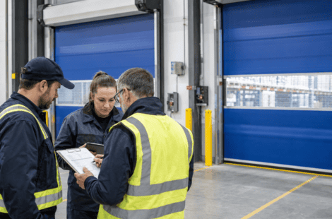 Facility team reviewing maintenance records for high speed industrial doors