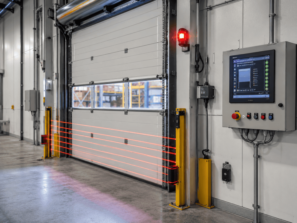 Industrial door safety sensors, control panel diagnostics, and warning light
