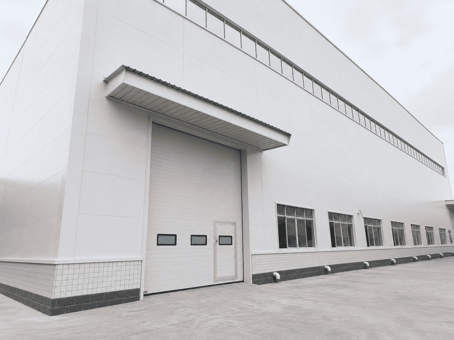 custom industrial sectional door with windows and pedestrian door