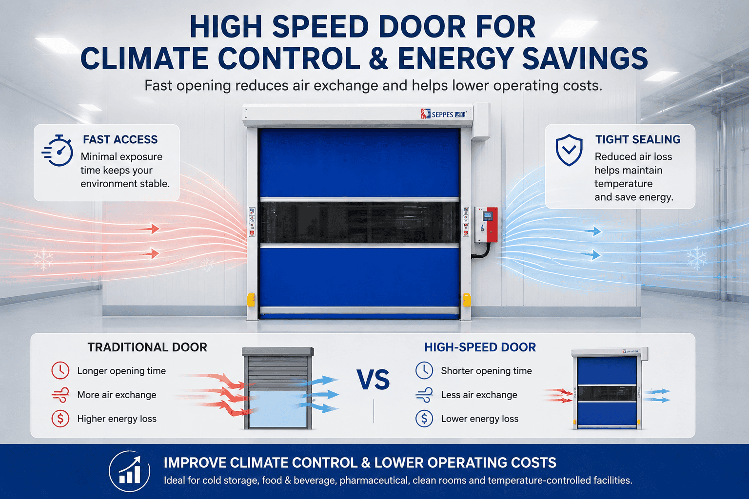 High speed PVC door for climate control, tight sealing and energy savings in temperature-sensitive industrial areas