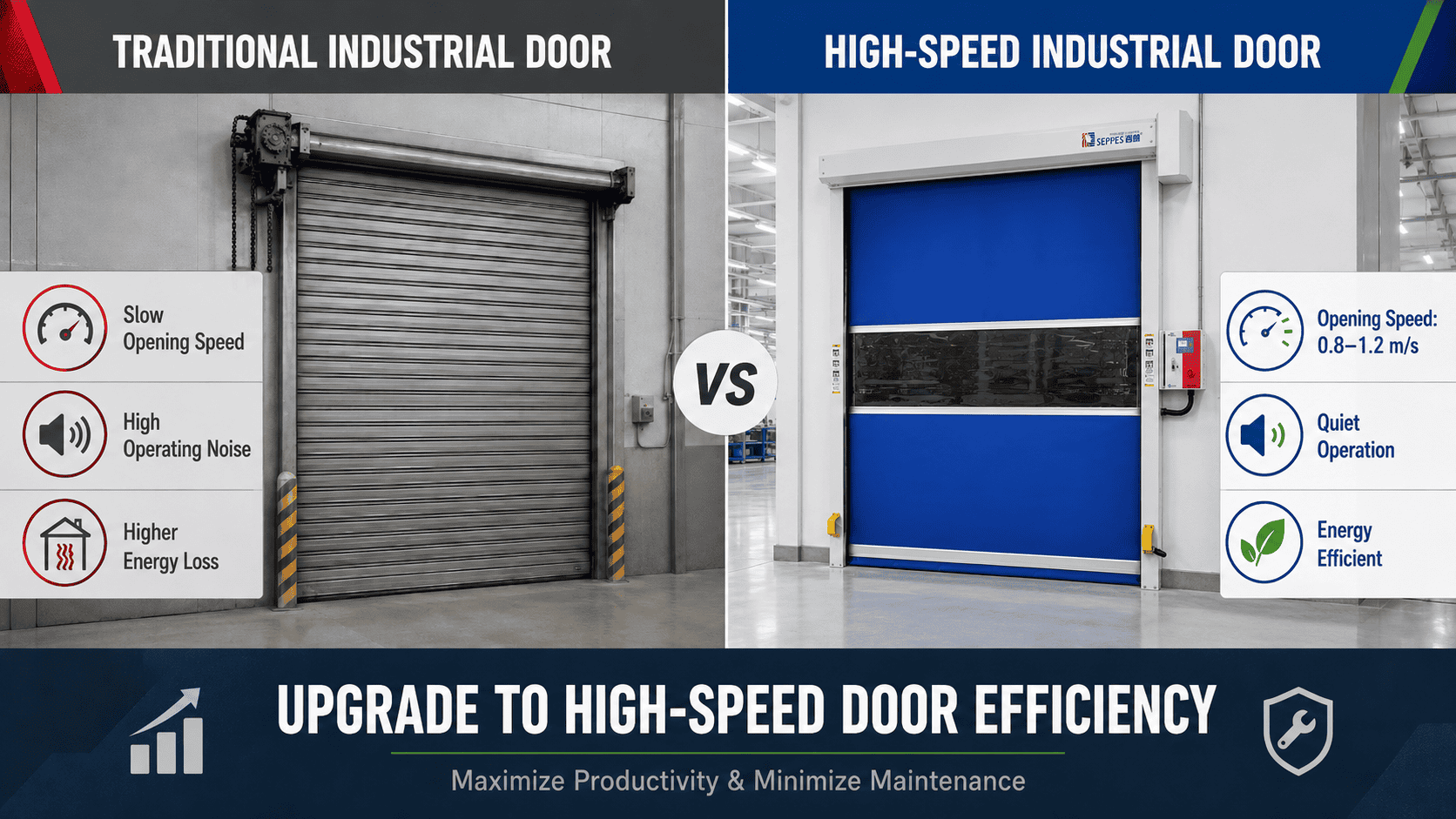 Comparison of a traditional industrial door and a high speed PVC door for faster, quieter and energy-efficient access