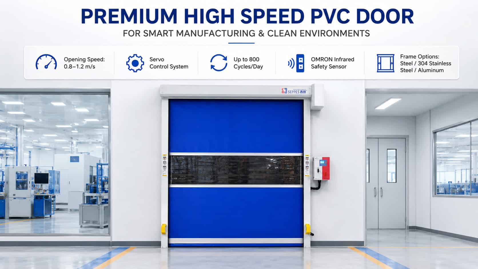 Blue PVC high speed door installed in a clean manufacturing workshop with servo control and safety sensors