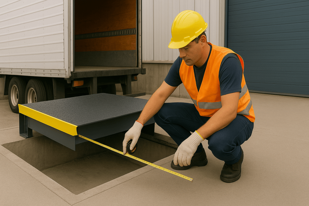Workers are measuring the dimensions of the dock leveler