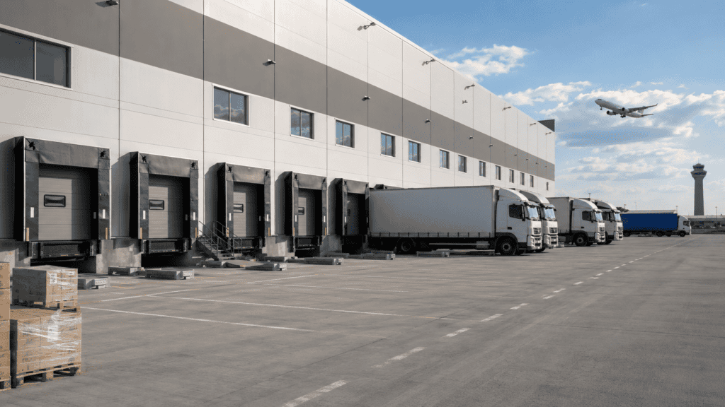 Industrial door systems at an airport cargo terminal supporting efficient air freight loading operations