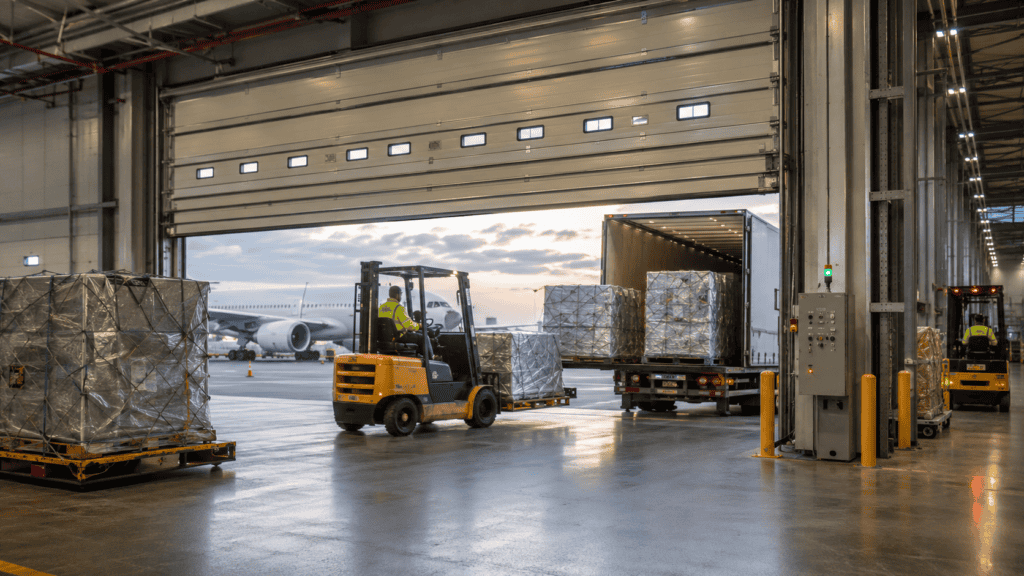 Fast rolling industrial door at airport cargo terminal for logistics.