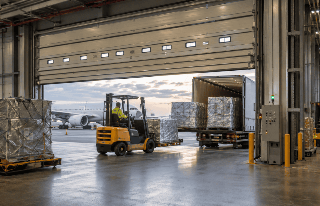 Fast rolling industrial door at airport cargo terminal for logistics.