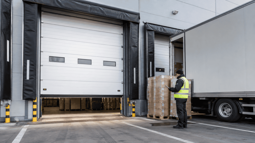 High speed sectional door in a logistics facility with a worker loading pallets.