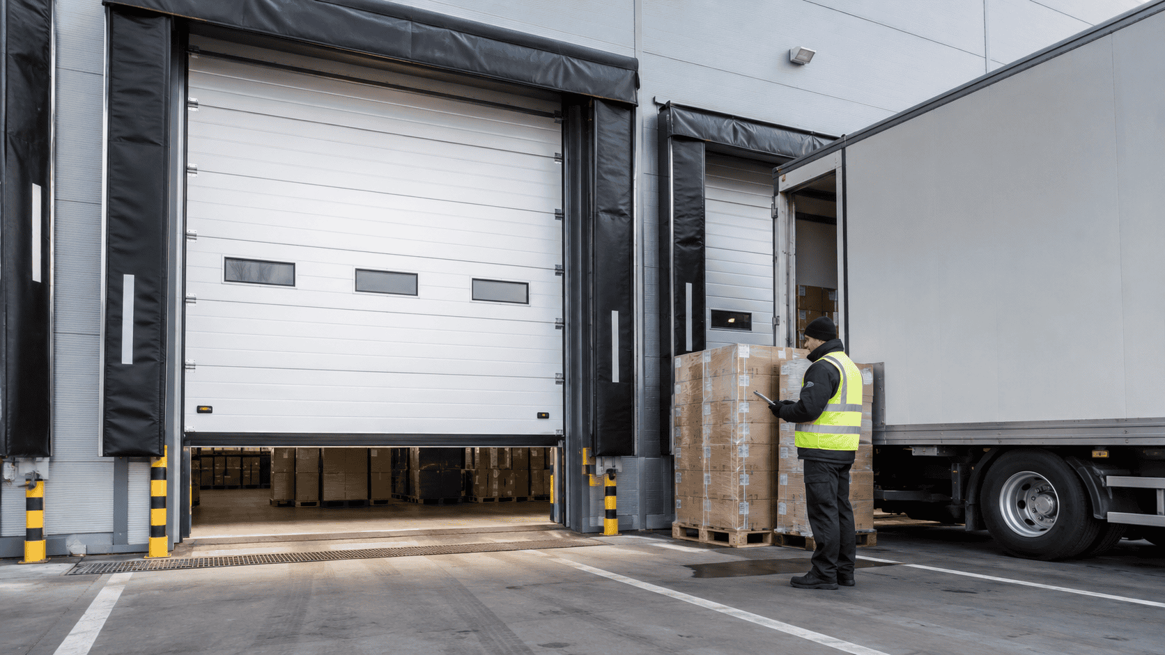 High speed sectional door in a logistics facility with a worker loading pallets.
