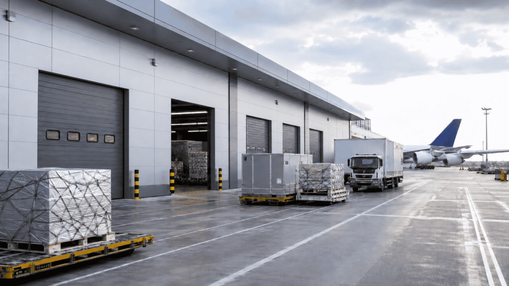Modern warehouse with industrial sectional doors and loading dock systems for cargo logistics