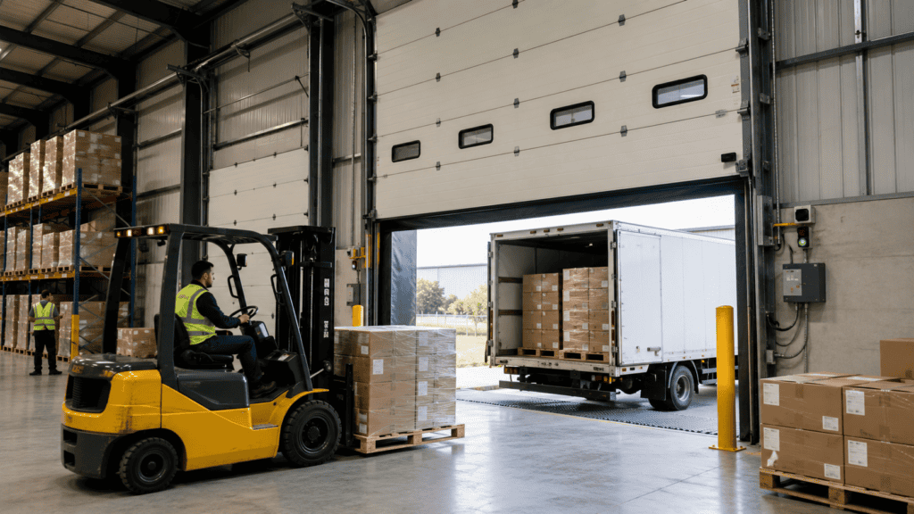 Warehouse forklift loading pallets through an industrial sectional door in a logistics facility