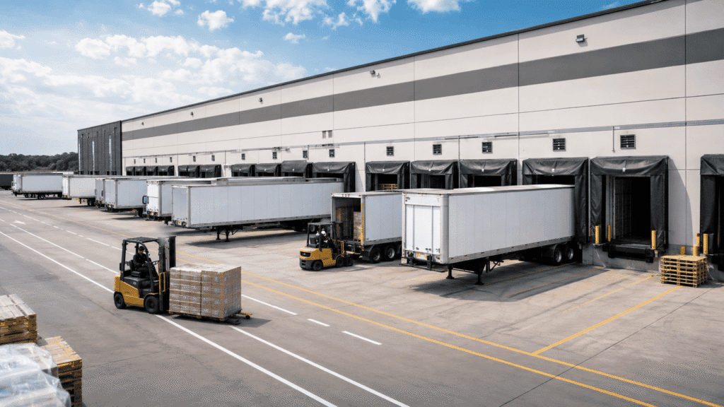 Large logistics warehouse with multiple loading dock doors, trailers, forklifts, and organized yard traffic