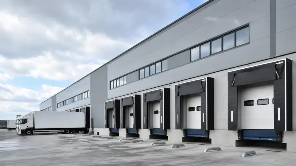 High speed loading dock doors at a modern warehouse facility.