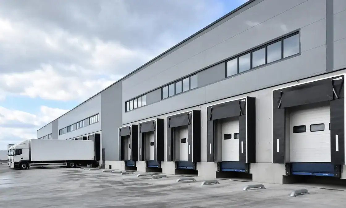 High speed loading dock doors at a modern warehouse facility.