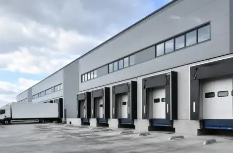 High speed loading dock doors at a modern warehouse facility.
