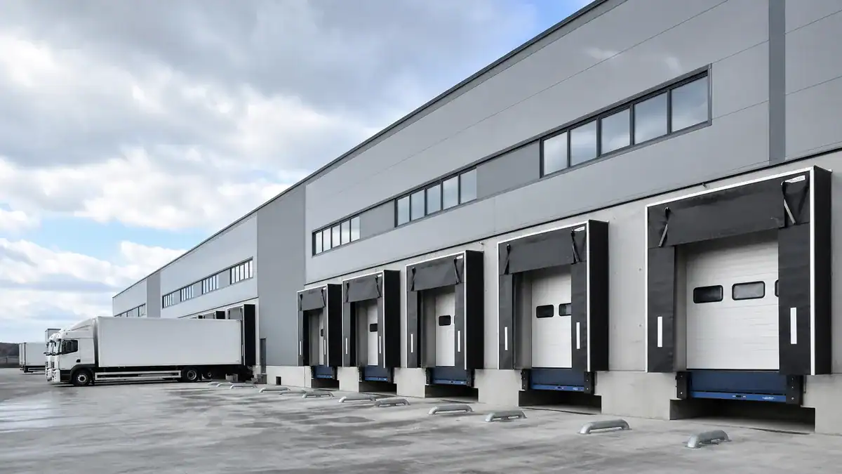 High speed loading dock doors at a modern warehouse facility.