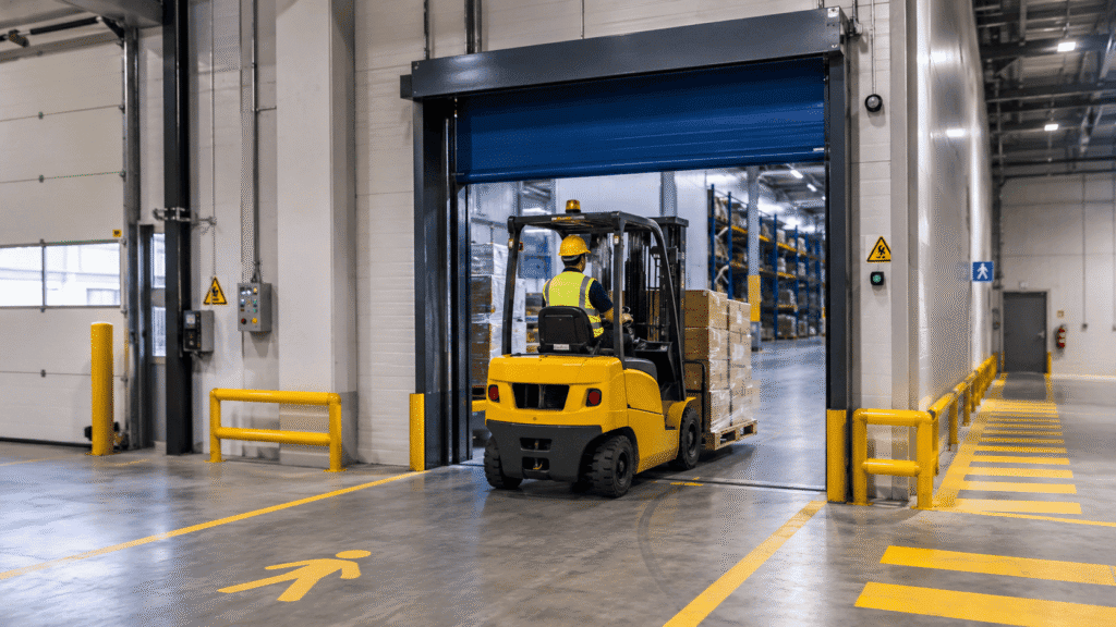 Forklift moving pallets through an industrial warehouse door with safety markings, guard rails, and pedestrian walkways