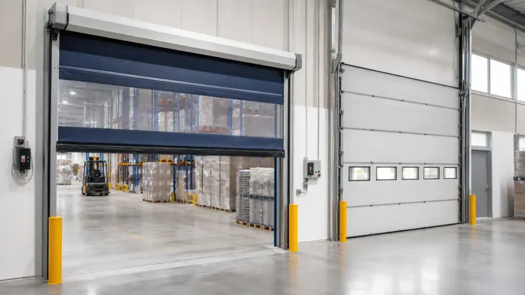 High speed industrial door and sectional overhead door inside a warehouse
