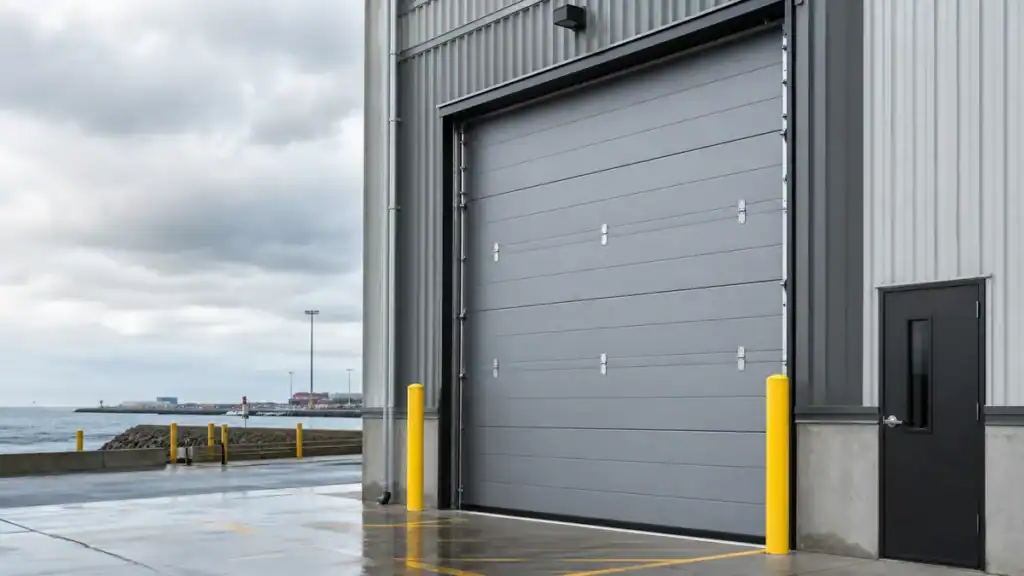 Weather resistant insulated industrial overhead door for coastal facilities